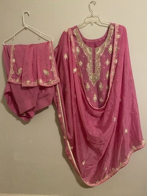 Pure Silk Indian Salwar Kameez Embroidered with silk, diamonds and beads, size M