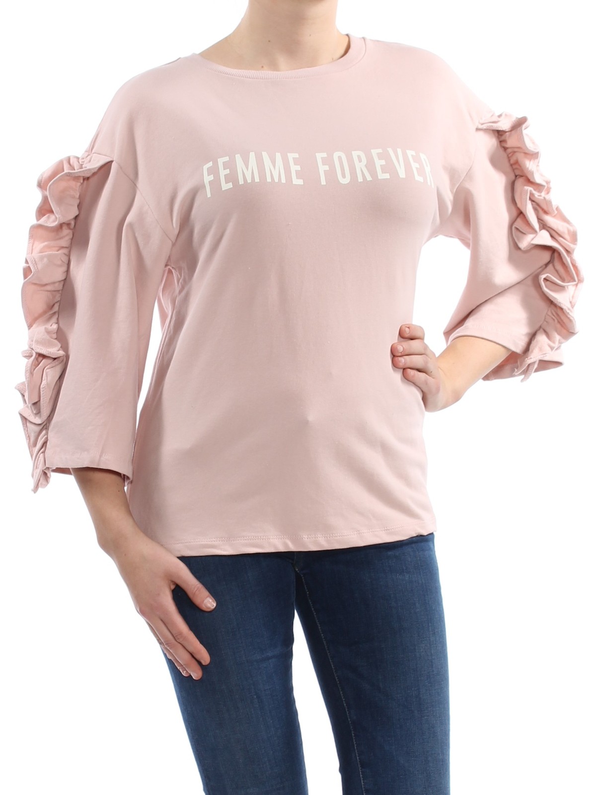 POLLY & ESTHER Womens Pink Ruffled Long Sleeve Jewel Neck Top Size: M