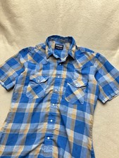 Vintage Wrangler Pearl Snap Western Shirt Blue Plaid Short Sleeve Mens M Thin