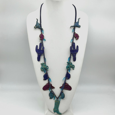 Western Charm Necklace Hammered Metal Fetish Cowboy Cactus Cattle Artisan 32''