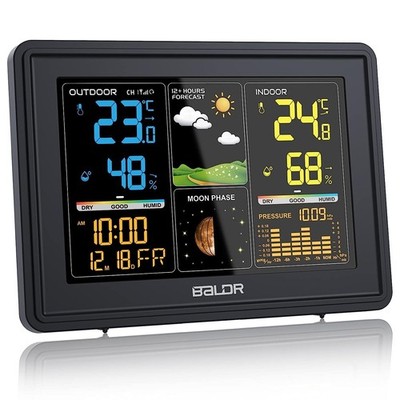 BALDR Wetterstation mit Außensensor, Digital Farbdisplay DCF-Funk-Uhr, schwarz