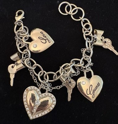 Guess Vintage Silver Bracelet With Rhinestones Heart And Key Charms