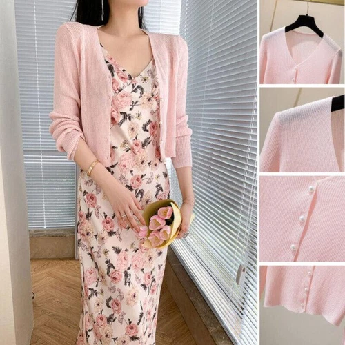 Damen Eis Seide Strick Sommer Shirt V-Ausschnitt Knopf Kurz Pullover Slim Fit Cardigan - Bild 11 von 25