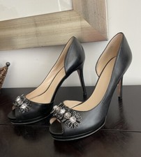 Nine West Womens Size 9 Black Leather Stiletto Heels With Jeweled Accents