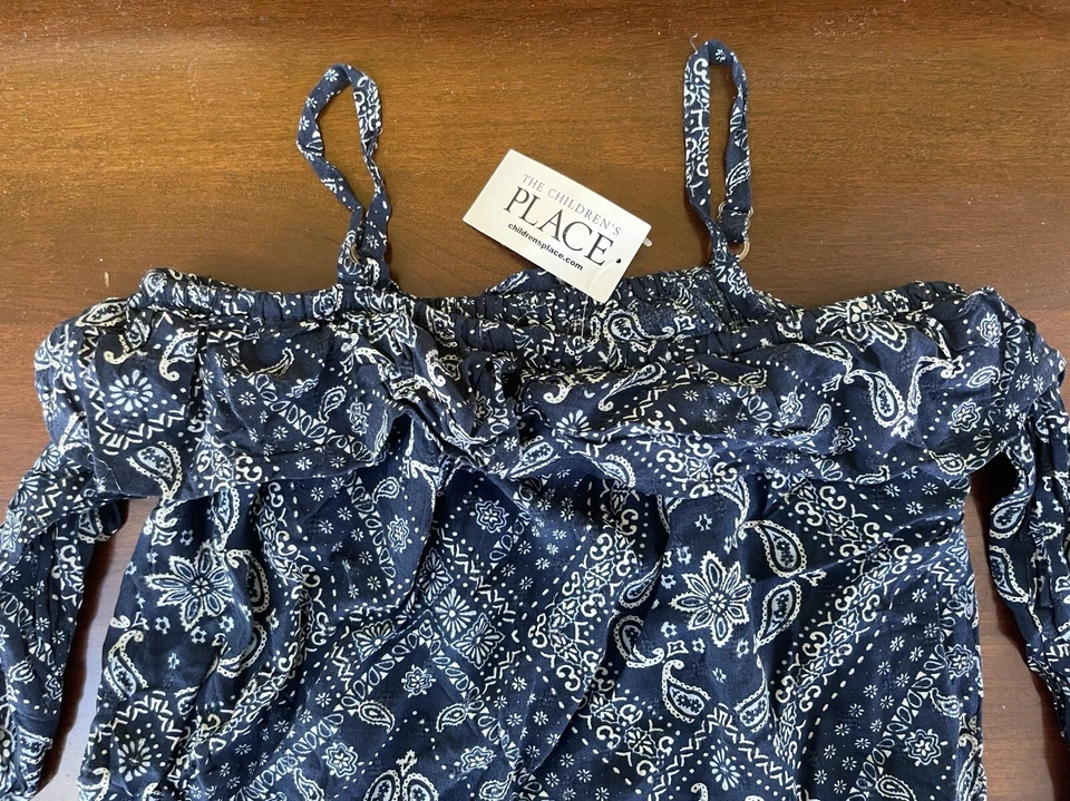 TCP Girls Adjustable Strap Paisley Cold Shoulder Ruffle Long Sleeve Top Blue S - Image 2 of 4