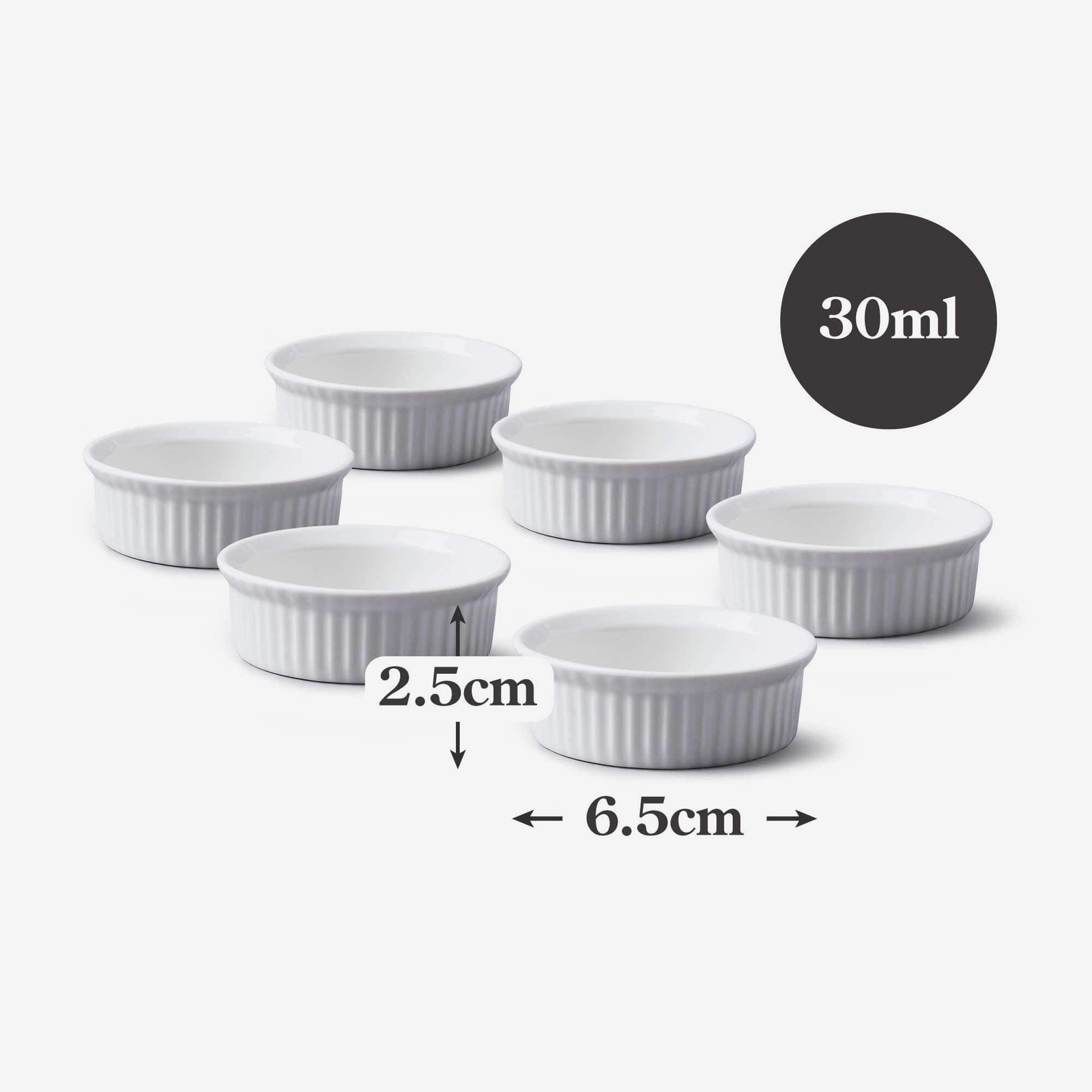 6x Porcelain Fluted Mini Ramekin Dishes 6.5cm 30ml White Sauce Serving Dishes