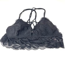 PINK Victorias Secret Medium Bra Bralette Black Floral Lace Strappy Unlined 1483