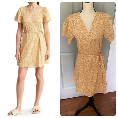 Madewell Fiore Wrap Dress Size Medium Cotton Yellow Floral Short Sleeve $98