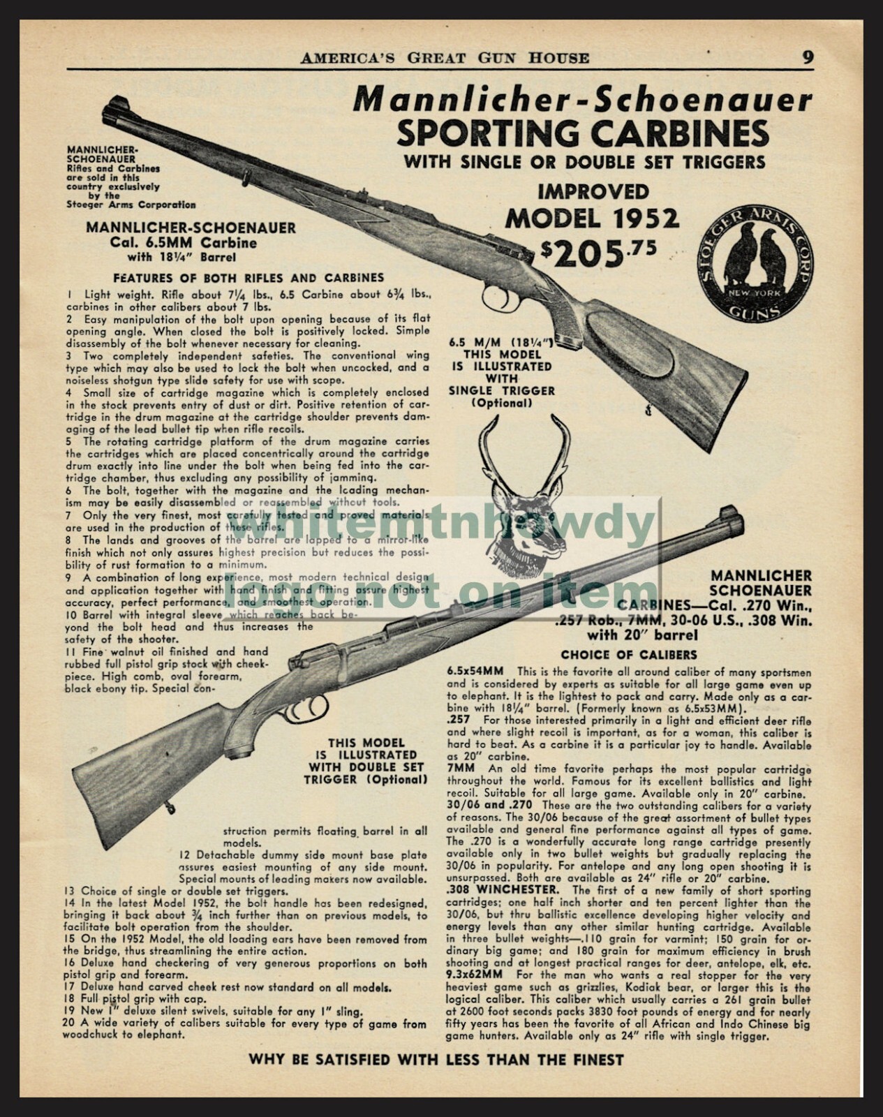 1955 MANNLICHER-SCHOENAUER 1952 Single or Double Trigger Carbine PRINT AD