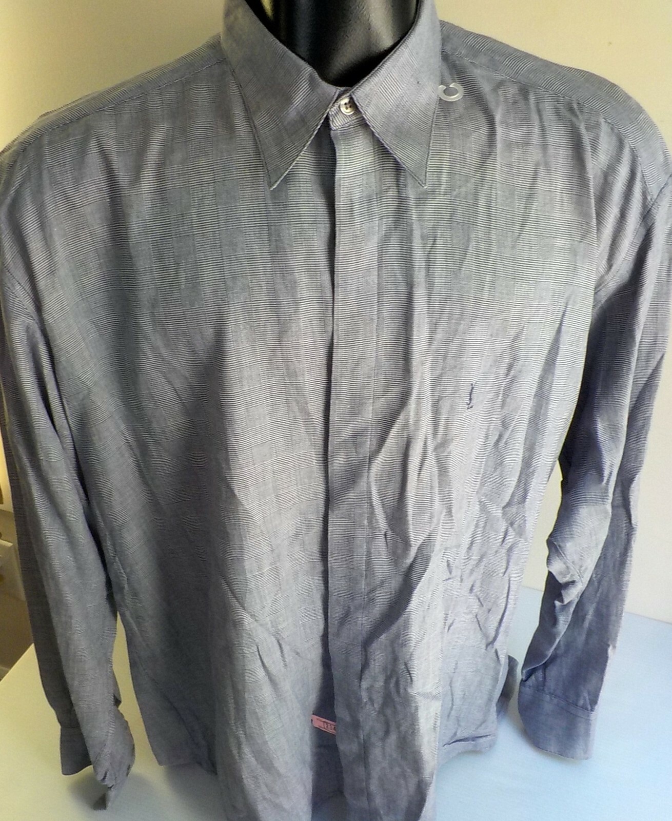 YSL YVES SAINT LAURENT 100% Cotton Checked LS Shirt Navy White SZ MEDIUM