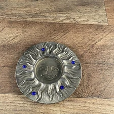 Metal Smiling Sun Tealight Candle Holder Blue Accents 3.75"Dia 