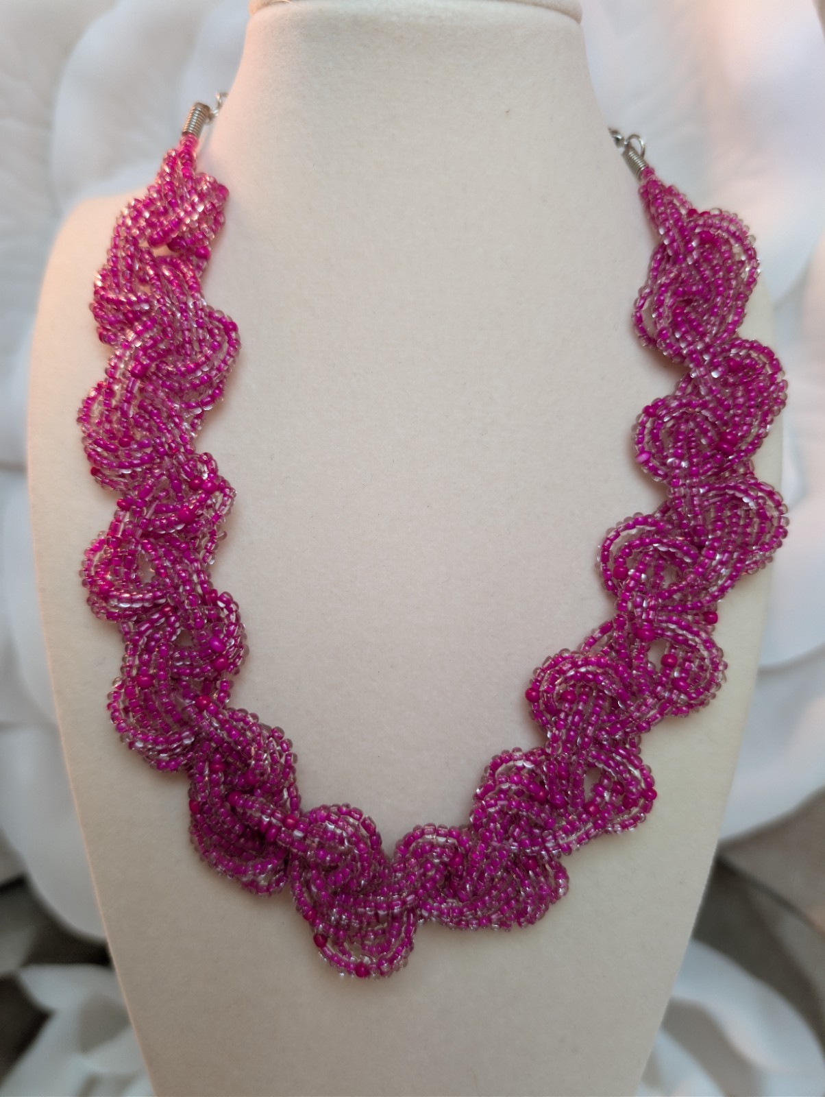 Pink Beaded Statement Necklace Loop Design Glass … - image 1