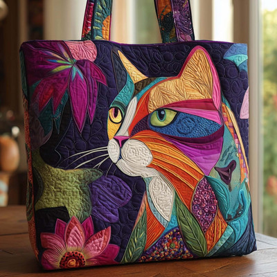 Personalized Cat Face Kitten Feline Pet Lovers Cat Mom Quilted Tote Bag Gift