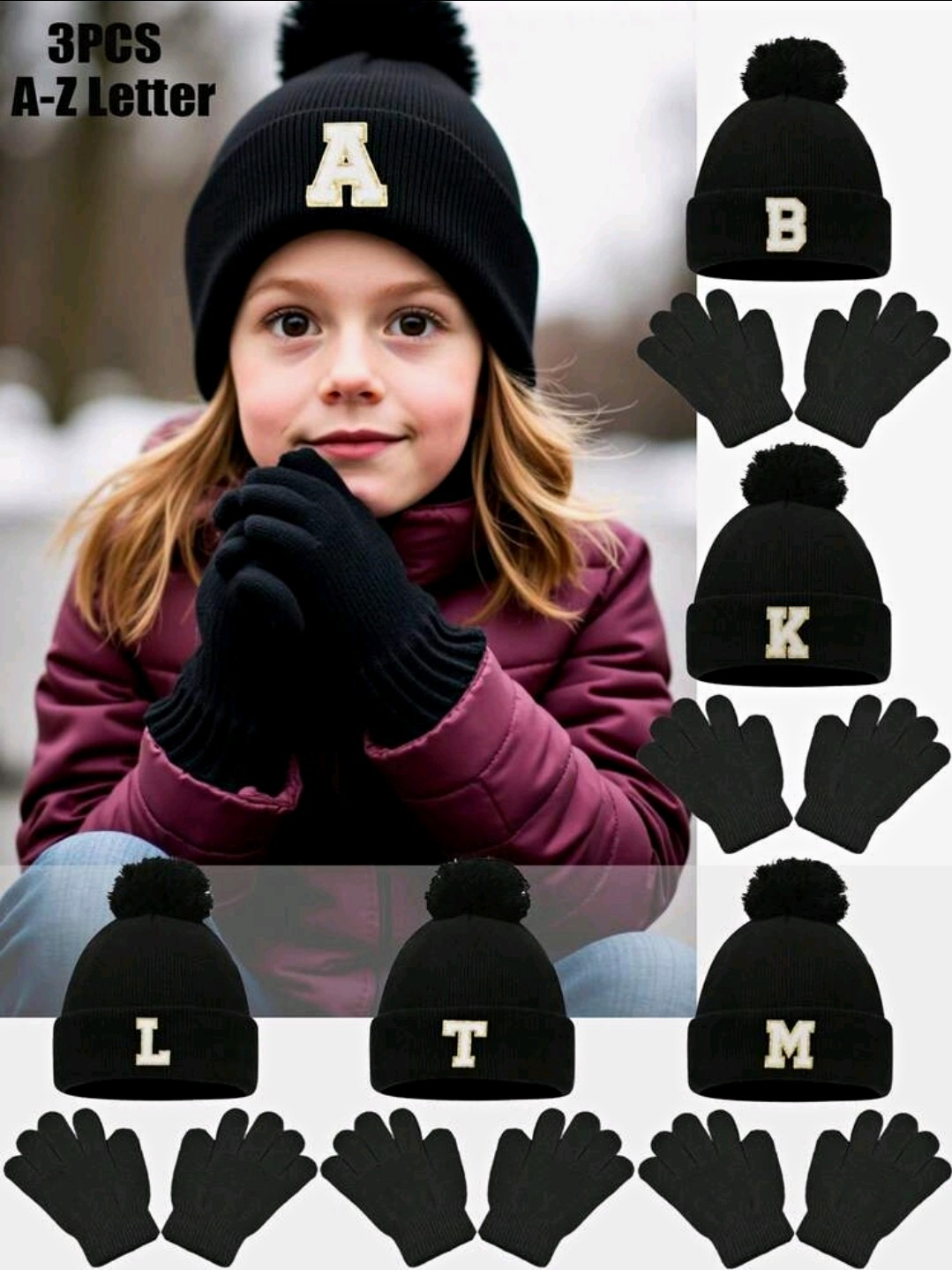 Boys Black Knitted Acrylic Beanie Hat & Gloves Set Pom-Pom Alphabet Letter