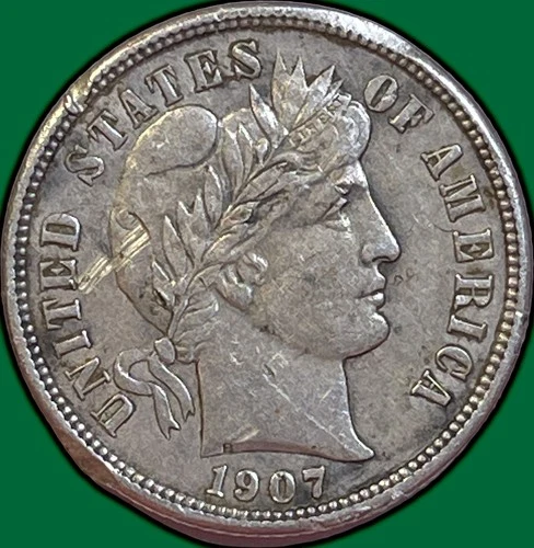 1907-D Barber Dime Choice Extremely Fine XF+ Coin, Scrape #35717
