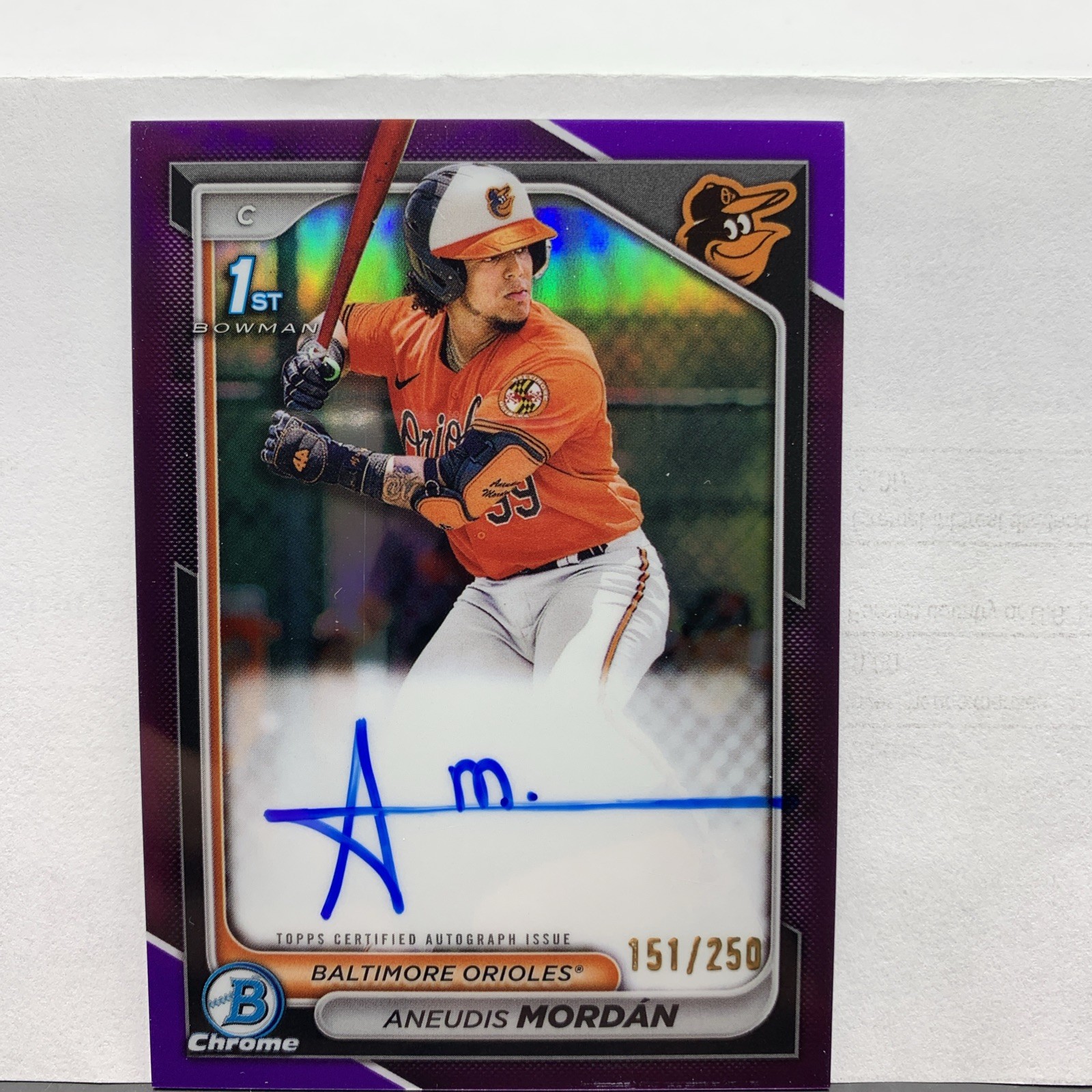 2024 Bowman 1st Chrome Auto Purple Refractor /250 Aneudis Mordan CPA-AMO Orioles