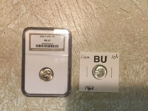 2006 P 10c Roosevelt Dime NGC MS67 & Silver BU 1964 D DIME  Silver Coin Lot
