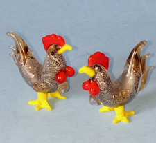 (341) Pair of Murano Style Colourful Glass Miniature Chickens Roosters 4cm Tall
