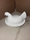 Vintage Indiana Glass Milk Glass Hen on Nest 2pcs Beaded Edge