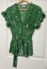 Max Studio Women’s Green Floral Blouse Top Flutter Sleeves Peplum Size M