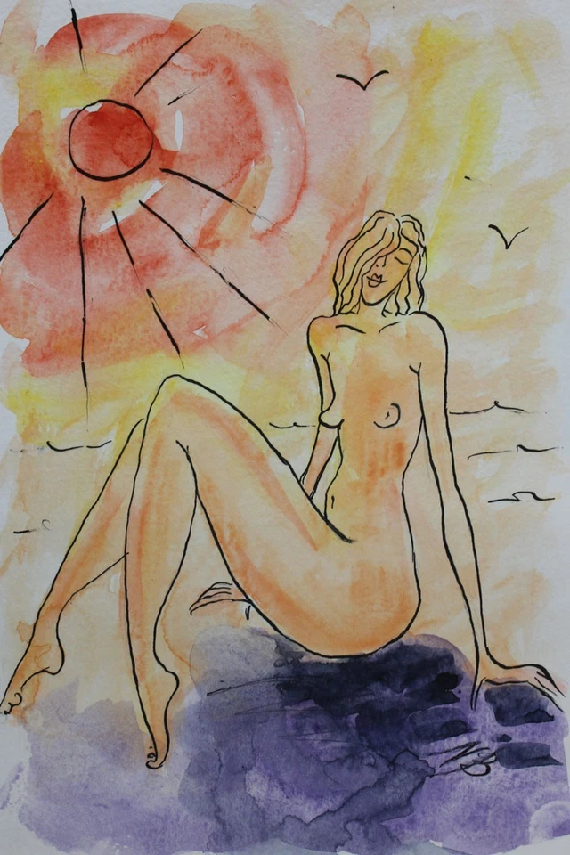 NB-ART*Hitze*Aquarell*16x24cm*Original*Bild handgemalt*Kunst*Akt*Erotik*Unikat! - Bild 1 von 1