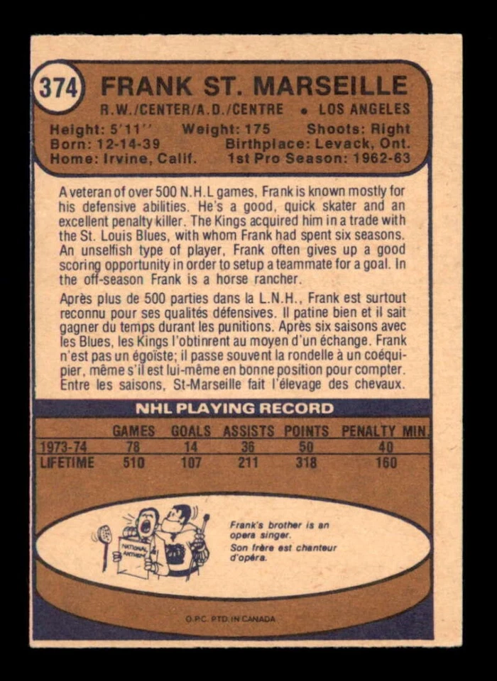 1974 O-Pee-Chee NHL #374 Frank St.Marseille   EX/EX+ X3537647 - Image 2 of 3