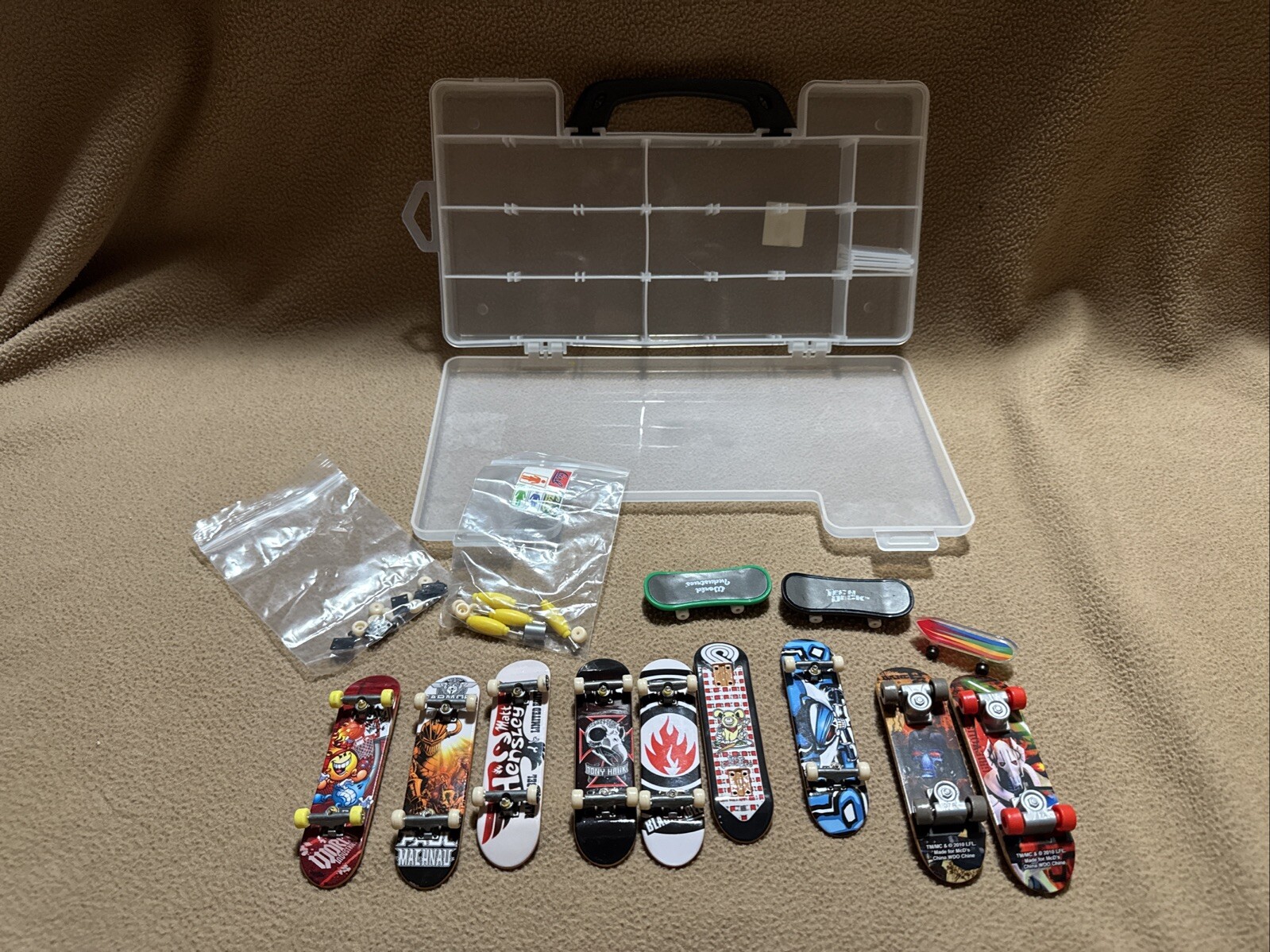 Tech Deck Clear Carrying Case Lot Of Boards, Accessories Hawk Hensley Flameboy