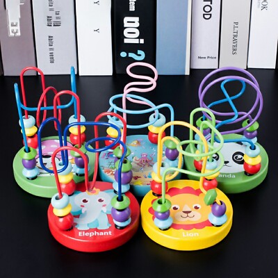 Baby Wooden Mini Circles Bead Wire Maze Roller Coaster Abacus Puzzle Toy