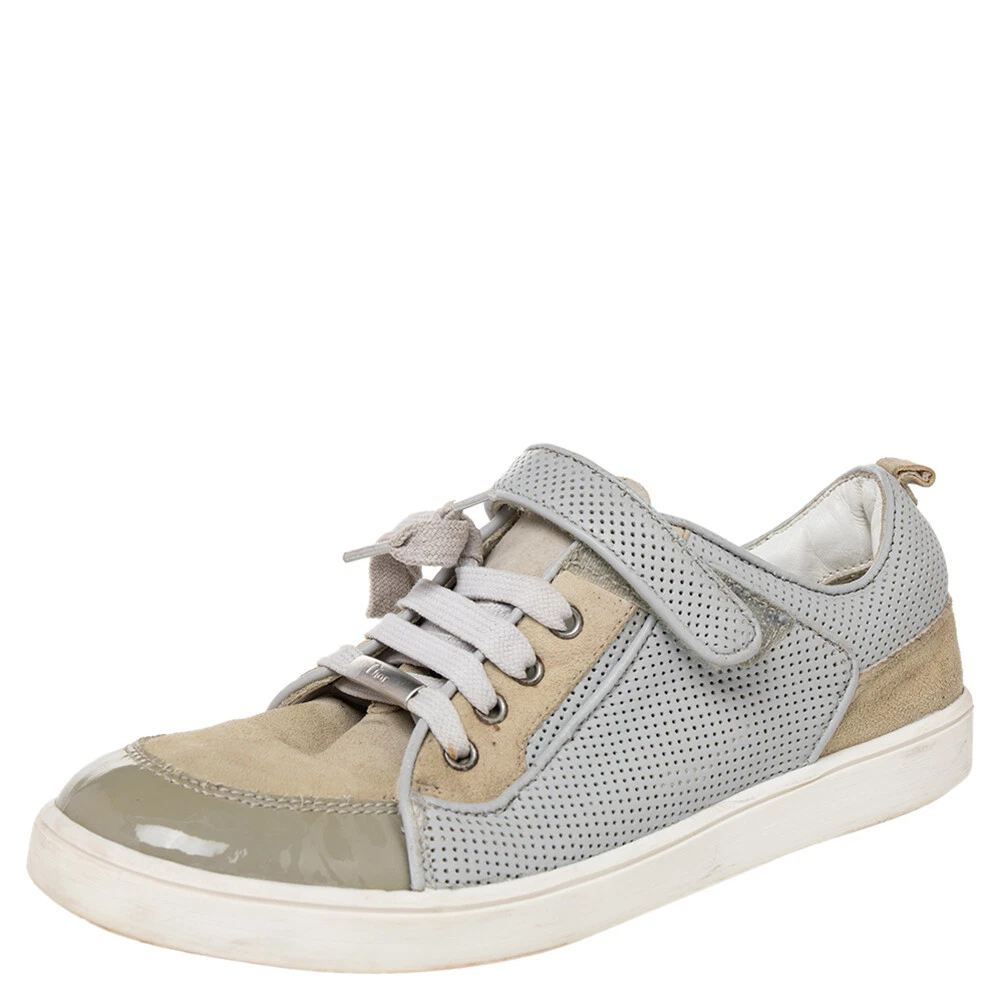 Baskets basses Dior beige/gris maille et cuir verni taille 34