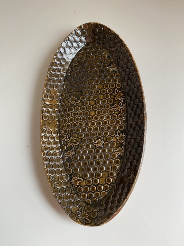 Pottery Honeybee Pottery Plate Dish Handmade Clay  Brown Plate 9” X 4.5”