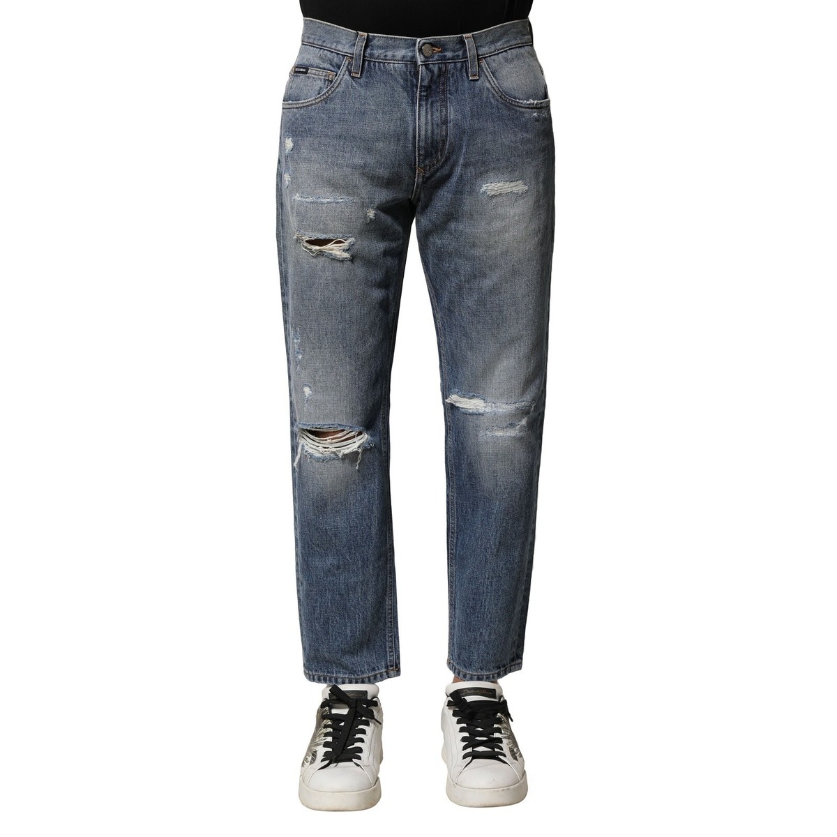DOLCE & GABBANA Jeans Blue Washed Tattered Straight Fit Denim IT44