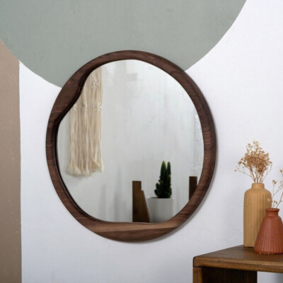 Unique Handcrafted Natural Organic Décor Walnut Wall Mirror Wood Round Entryway
