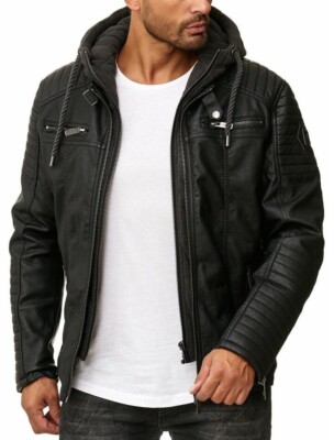 Mens  Real Leather Biker Fashion Slim Jacket with Removable Hood FAST SHIPPING