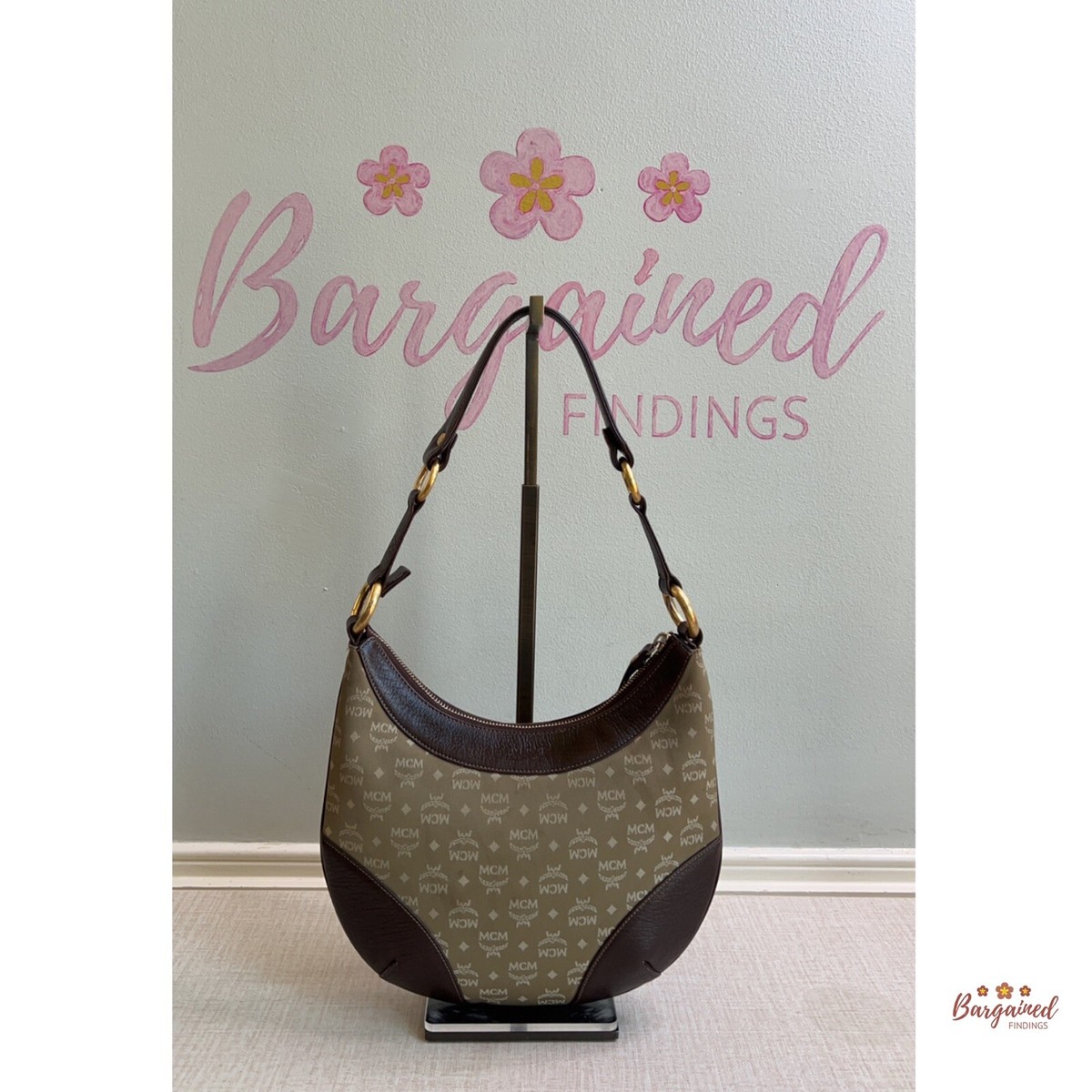 Authentic MCM Vintage Khaki Monogram Canvas Brown Leather Small