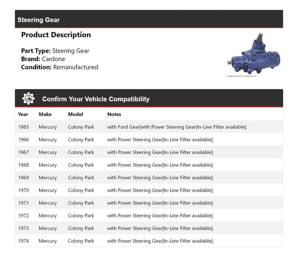 For 1965-1974 Mercury Colony Park Steering Gear Cardone 1966 1967 1968 1969 1970 - Image 2 of 4