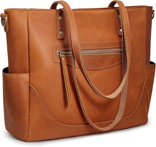 S-ZONE Genuine Leather Tote Bag for Women Large Shoulder Purses Work Cognac
