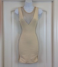 Happy Womens Size Medium Beige Fishnet V Neck/Back & Sides Stretch Bodycon Dress