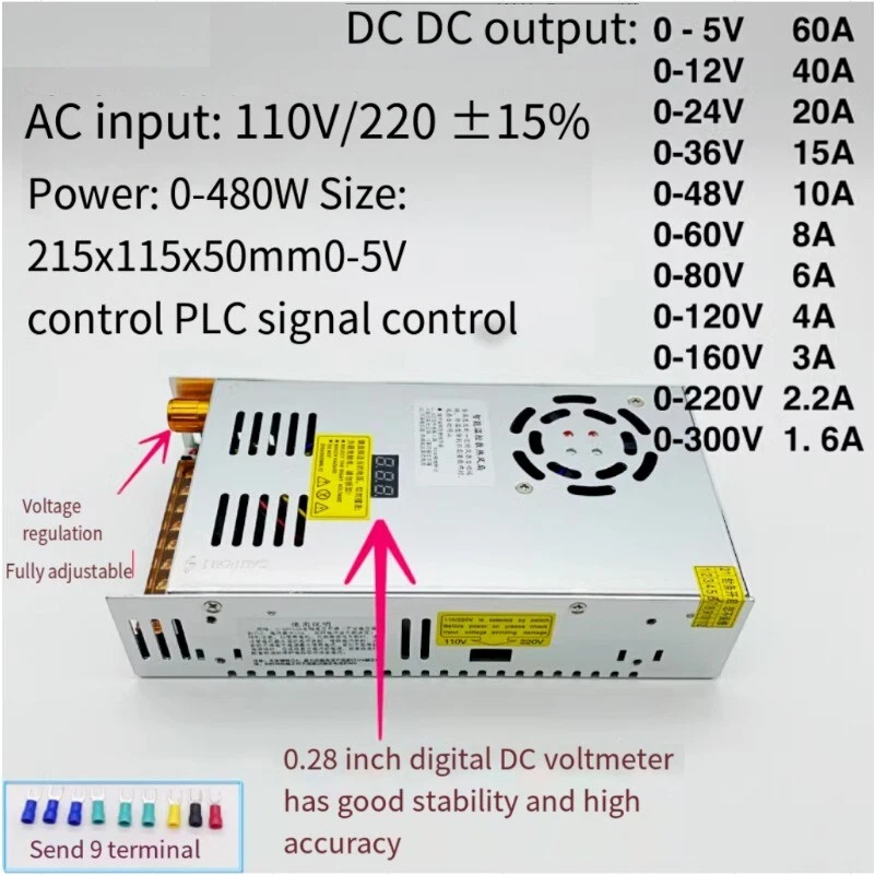 DC Switching Power Supply Adjustable Current Unit Converter 480W 0-300V /1.6-60A - Image 3 of 4