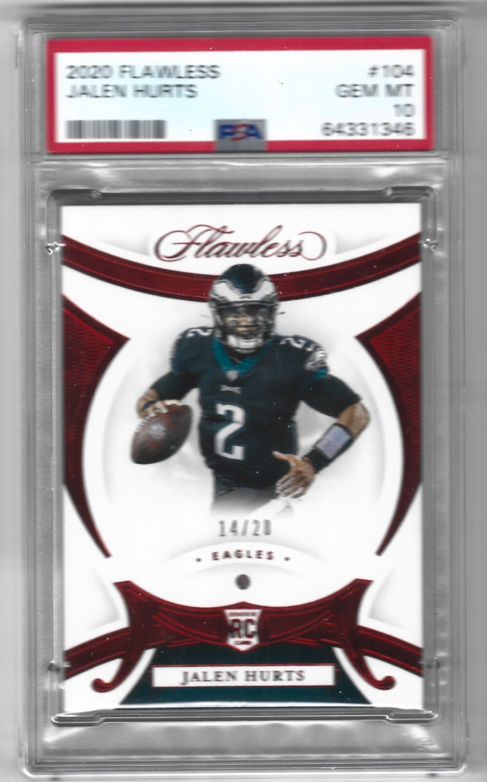 2020 PANINI FLAWLESS RUBY TRUE ROOKIE CARD #104 JALEN HURTS 14/20 PSA ...