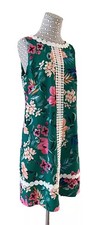 Eliza J Shift Style Dress Lined Green Floral Flowers & White Lace Sz 14 NWOT