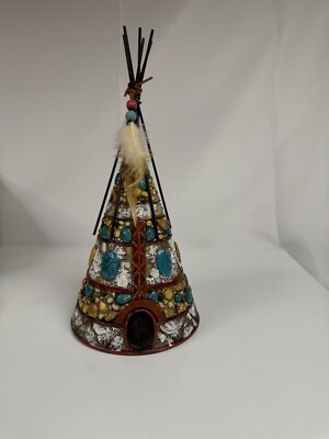 Southwestern Dreamcatcher Feathers Turquoise Rocks Indian Teepee Hut Figurine