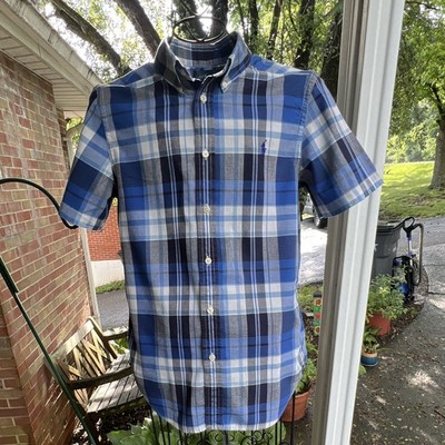 Ralph Lauren Boy s  L (14-16) Blue Plaid Cotton Button-Down Short Sleeve Shirt