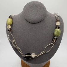 Silpada 925 Sterling Silver Hammered Green Brown Gemstone Artisan Chain Necklace