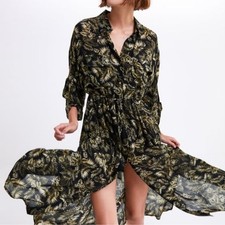 Zara Palm Leaf Print Midi Dress Black Green Size Large