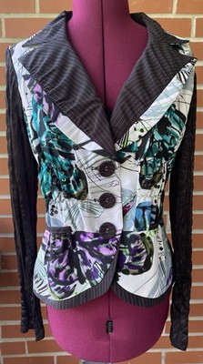 Vtg Alberto Makali M 100% Silk Blazer Jacket Women s Medium Black Abstract Print