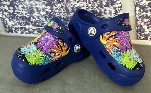 Toddler Baby Unisex Crocs C6 Blue Flashing Light Up Fireworks Rainbow Colors