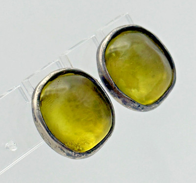 Vintage Norma Jean Olive Green Lucite Clip On Earrings Modernist Silver Tone