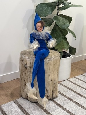 Vintage 1950 s Pixie Elf Shelf Sitter Knee Hugger Velvet Paper Mache Blue Tulle