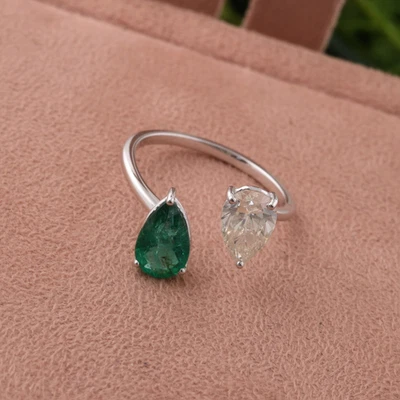 2.05 TCW Sambianischer Smaragd Kunstdiamanten Grown Cvd Birne Diamant Bund Ring - Bild 1 von 4