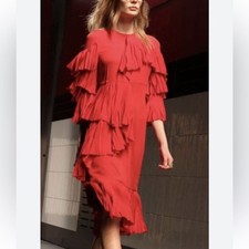 NWT Gucci Ruffled Silk Georgette Red Midi Dress! Size 6 / 42 MSRP $5K